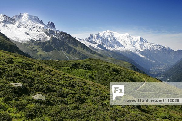 Chamonix Valley  The Mont Blanc  Les Drus and La Verte(left)