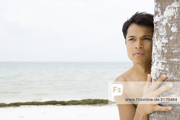 Nackter Mann am Strand  der sich um den Baumstamm schaut
