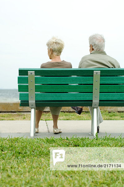Seniorenpaar sitzt zusammen auf der Bank  Rückansicht
