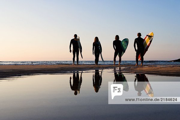 Vier Leute stehen am Strand mit Surfbrettern.