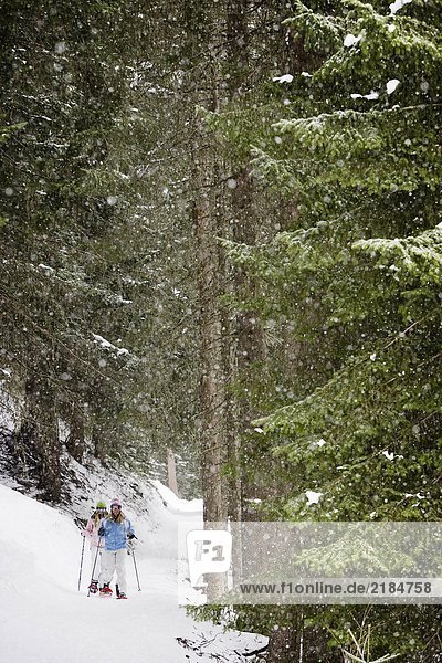 Two young blonde women stand in forest in snow-shoes  portrait