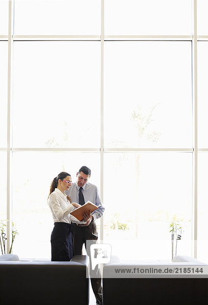 Businessman and woman discussing file in office