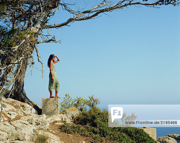 Frau  die auf einem großen Felsen steht und über das Meer schaut.