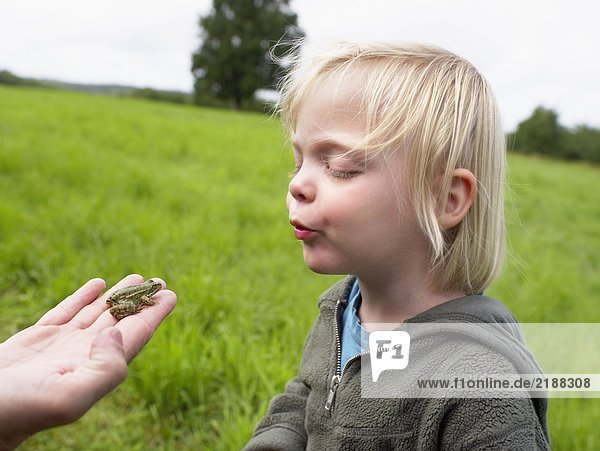 Young girl looking at a small frog held in a man's hand.