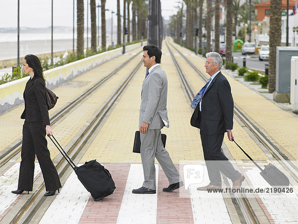 Businesswoman and two businessmen crossing double tram lines with suitcases at zebra crossing. Alicante  Spain.