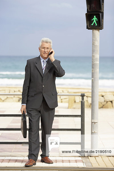 Senior Geschäftsmann mit Handy am Fußgängerübergang