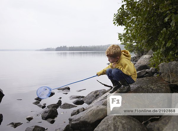 Kleiner Junge hockte auf Felsen und fischte in einem See mit einem Netz.