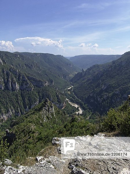 Erhöhte Ansicht der Fluss  der durch Berge  Point Sublime  Lozère  Languedoc-Roussillon  Frankreich