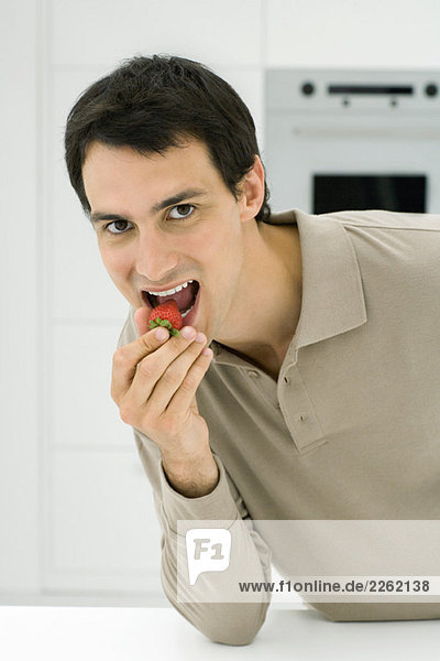 Mann isst Erdbeere  schaut in die Kamera  Nahaufnahme