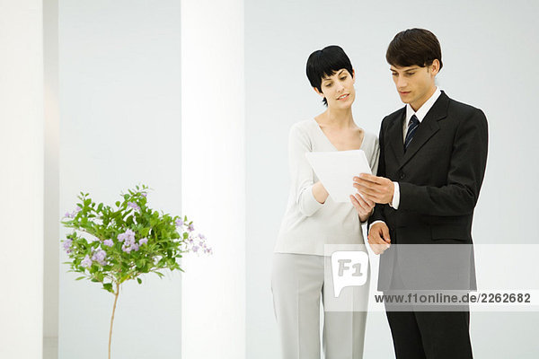 Male and female business partners standing side by side  discussing document