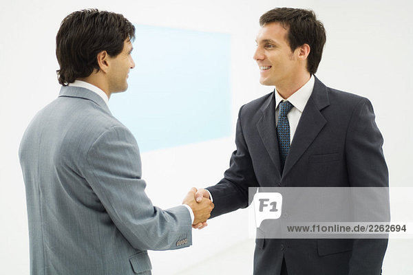 Zwei Geschäftsleute schütteln sich die Hand  lächeln sich an  Seitenansicht