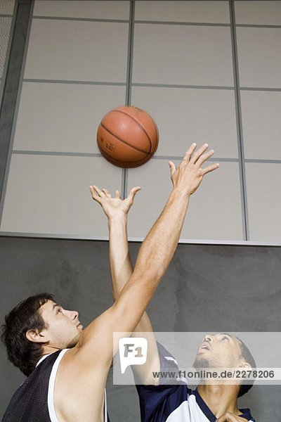 Zwei Basketballspieler  die nach einem Basketball greifen.
