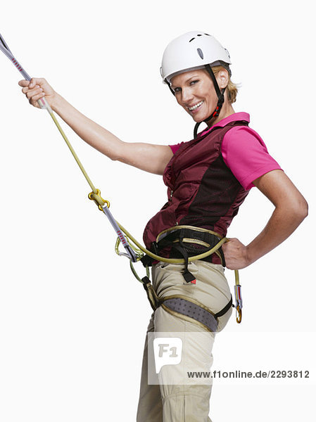 Woman dressed as mountaineer portrait