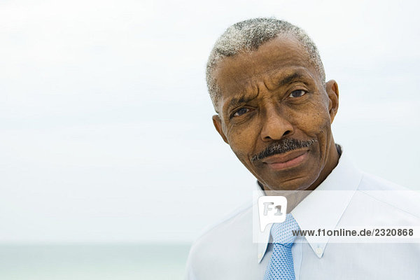 Businessman  looking at camera  sea in background