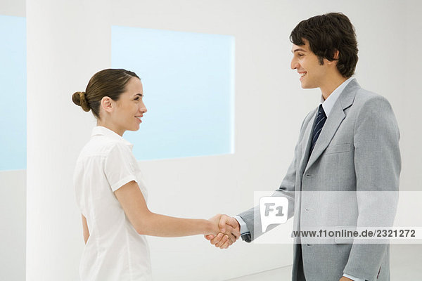 Männliche und weibliche Geschäftspartner schütteln sich die Hände  lächeln sich an  Seitenansicht