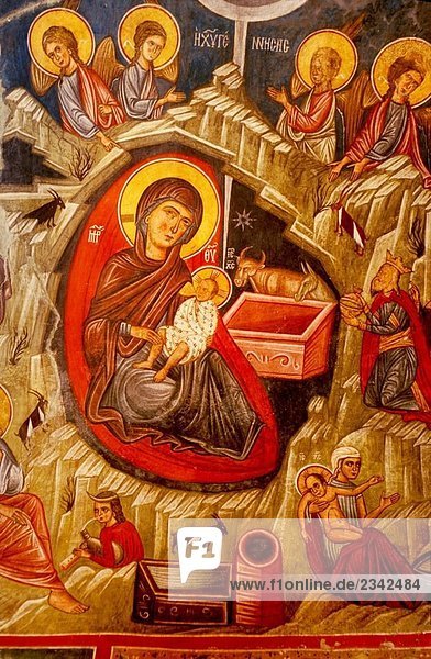 Jungfrau und Kind in der zwölften Jahrhundert Kirche des Assinou dargestellt. Troodos-Gebirge Region  Zypern
