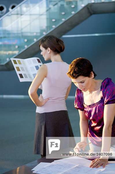 Mid adult woman making a blueprint with a young woman looking at a color swatch
