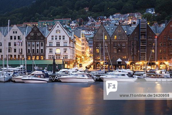 Norway  Bergen  Old Town  harbour at night
