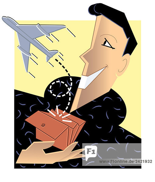 Man holding wallet with airplane flying out