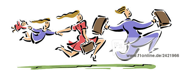Family running  carrying luggage