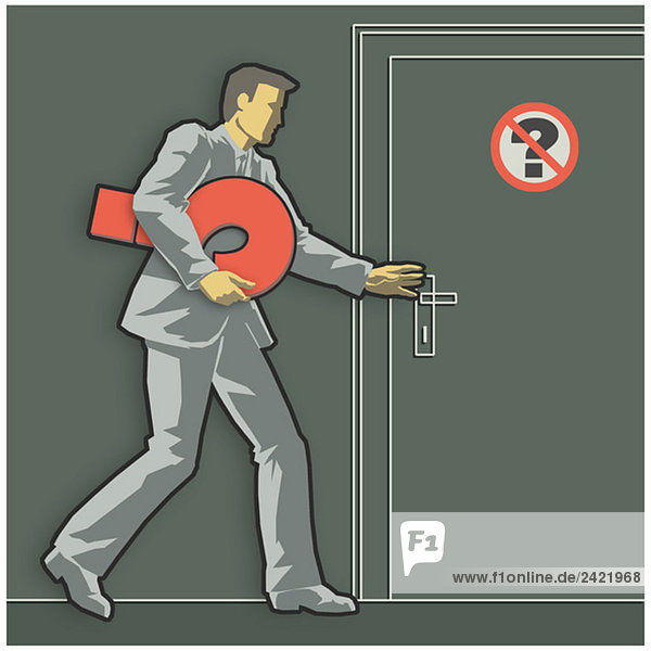 Man holding question mark  opening door