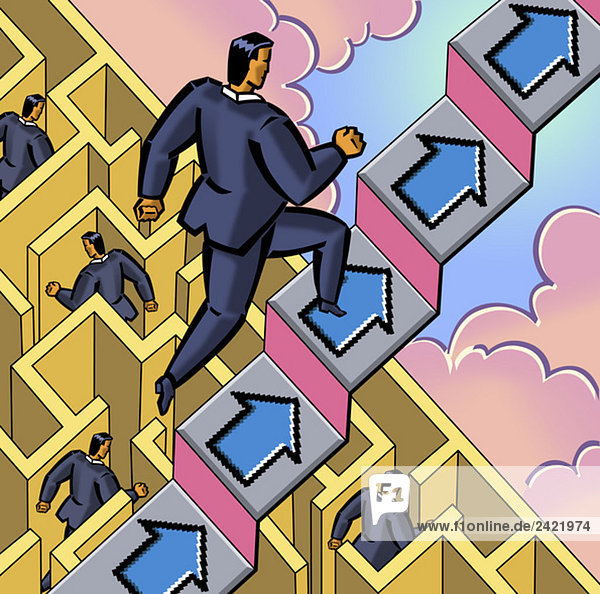 Businessman running up stairs  labyrinth in background