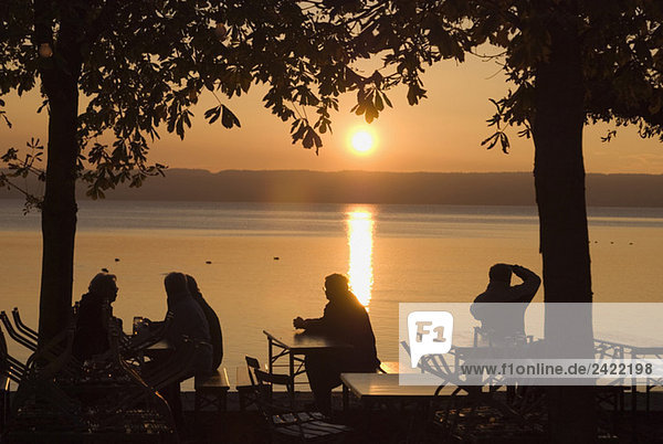Germany  Bavaria  Ammersee  beergarden at sunset