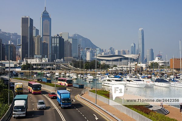 Boats on harbor  IFC Tower  Hong Kong  China
