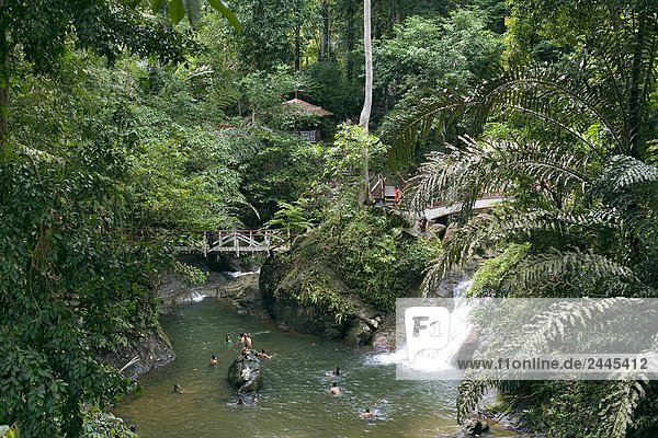 People bathing in waterfall  Kuching  Sarawak  Borneo  Indonesia