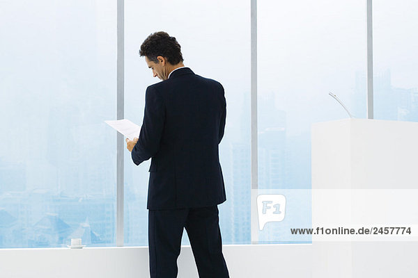 Businessman reviewing document  standing  rear view