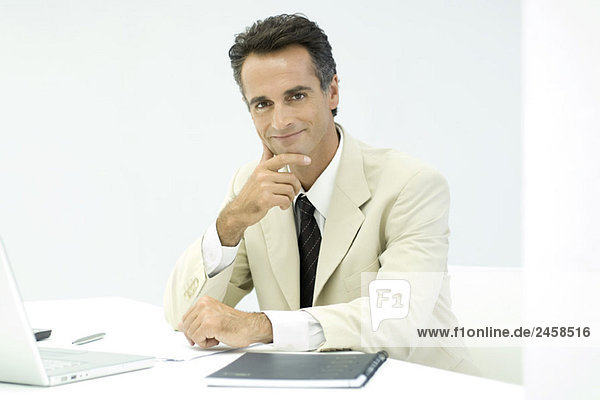 Business executive sitting at desk  smiling at camera  portrait