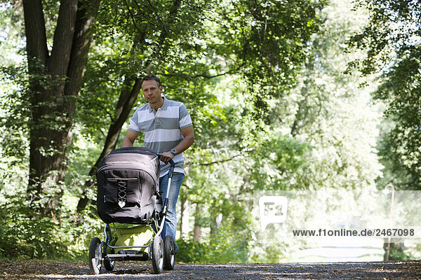 Father walking in a park with a pram a sunny day Sweden.