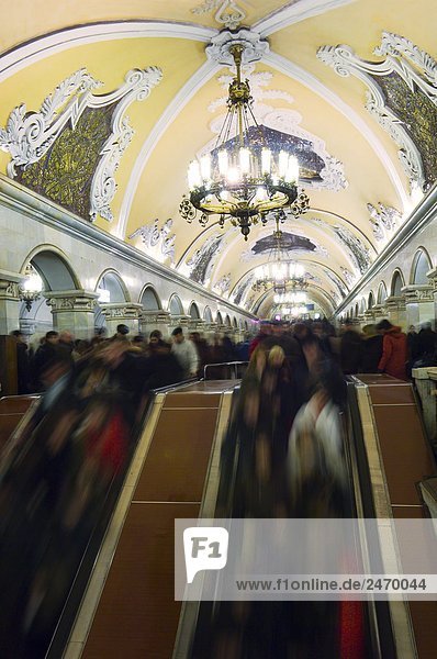 Blurred view of commuters in metro station  Komsomolskaya  Moscow  Russia