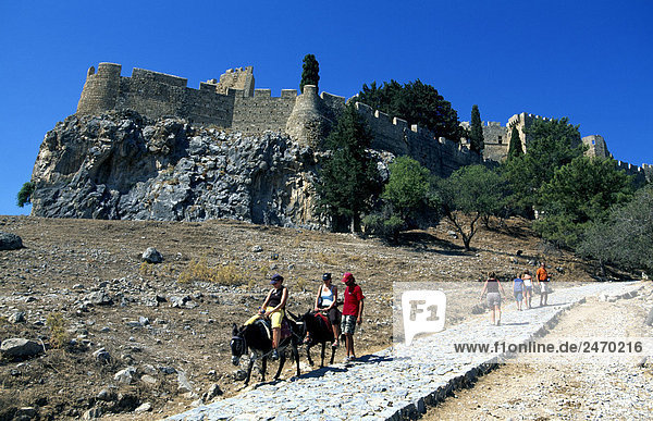 Tourists on donkeys in front of castle  Lindos  Rhodes  Dodecanese Islands  Greece