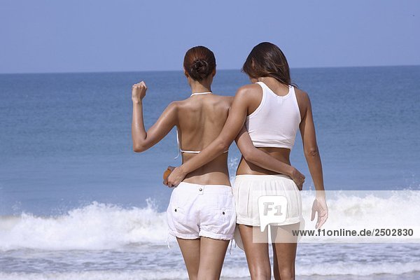 Zwei Frauen stehen am Strand  Rückansicht
