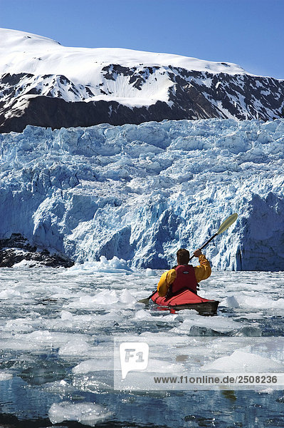 Mann Eis Kajak Fjord Kenai-Fjords-Nationalpark Eisscholle Aialik Gletscher