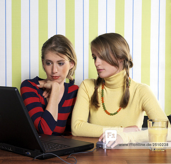 Two teenage girls (16-17) using laptop  portrait