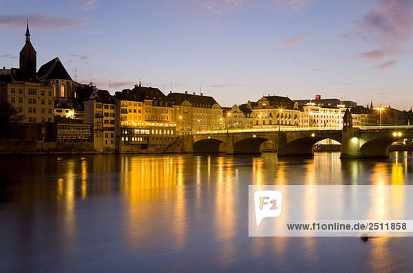 Switzerland  Basel  Rhine river  cityscape at night