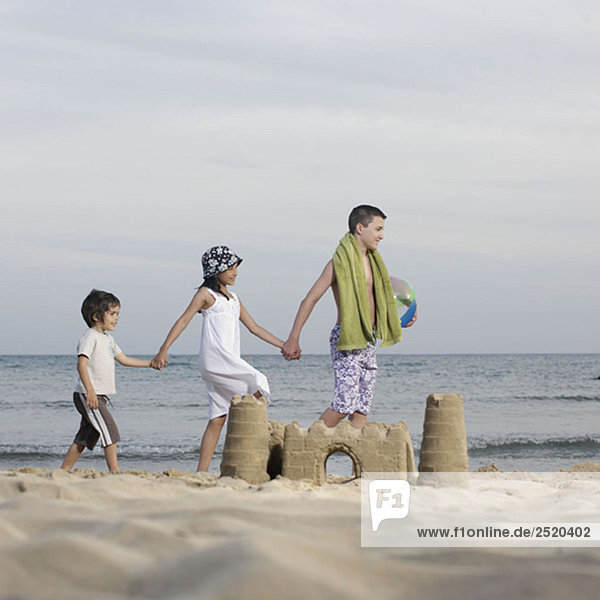 Children holding hands on beach