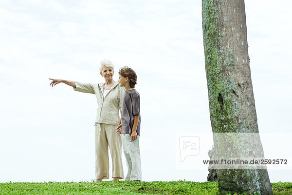 Seniorin mit Enkel im Park  Blick auf die Aussicht