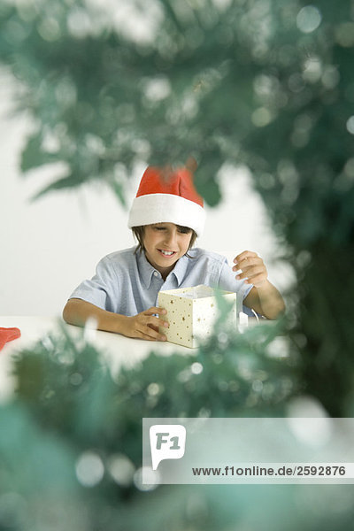 Junge mit Nikolausmütze  Eröffnungsgeschenk  durch Zweige des Weihnachtsbaums gesehen