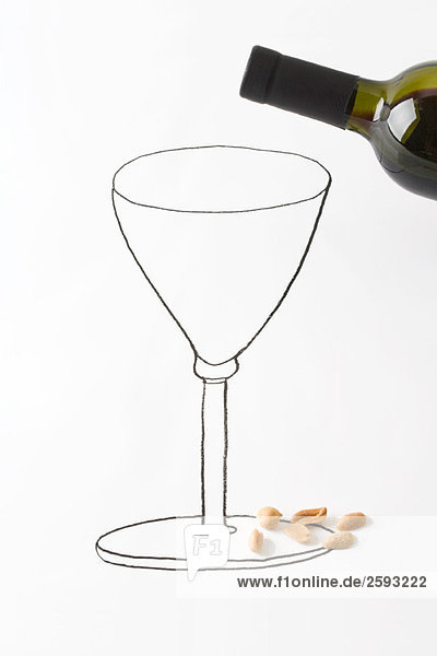 Weinflasche über Zeichnung von Weinglas  Erdnüsse am Boden verstreut