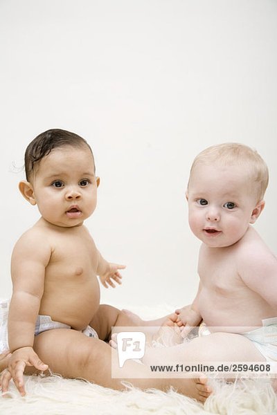 Zwei Babys sitzen von Angesicht zu Angesicht und schauen in die Kamera.