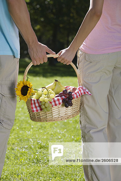 Junges Paar geht im Park tragen gemeinsam Picknickkorb in der Hand Nahaufnahme
