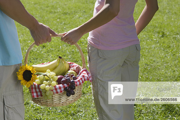 Junges Paar geht im Park tragen gemeinsam Picknickkorb in der Hand Nahaufnahme