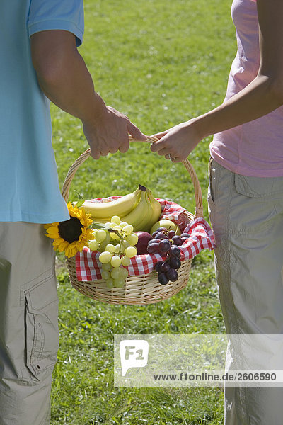 Junges Paar geht im Park tragen gemeinsam Picknickkorb in der Hand Nahaufnahme