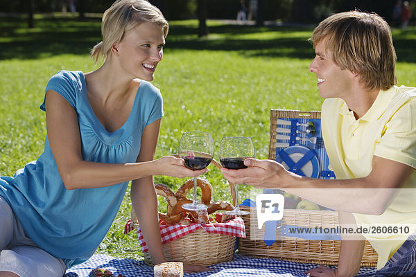Junges Paar im Park beim Picknick mit Weinglas in der Hand prosten sich zu