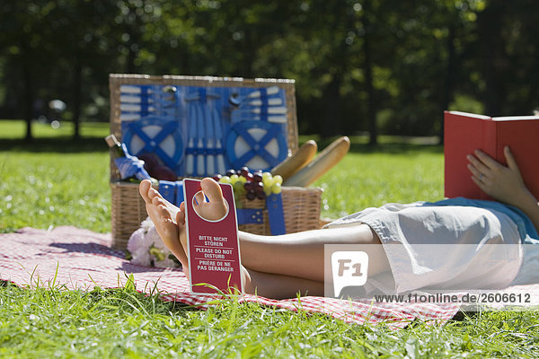 'Frau liegt auf Decke im Park mit Schild ''Bitte nicht stören'' am Zehen ließt ein Buch Picknickkorb im Hintergrund'