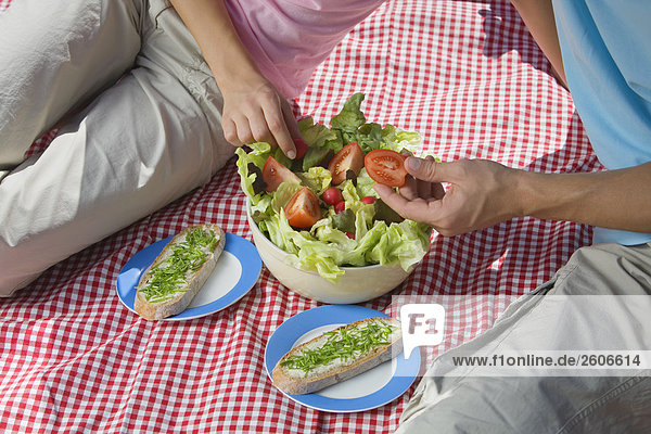 Junges Paar im Park beim Picknick essen Salat Schnittlauchbrote auf Tellern Nahaufnahme