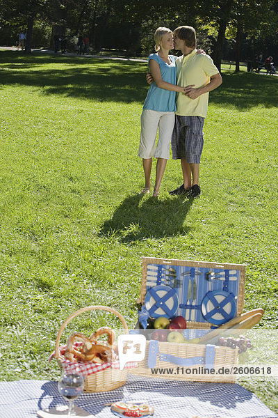 Junges Paar steht im Park umarmen sich Picknickkorb und Decke im Vordergrund